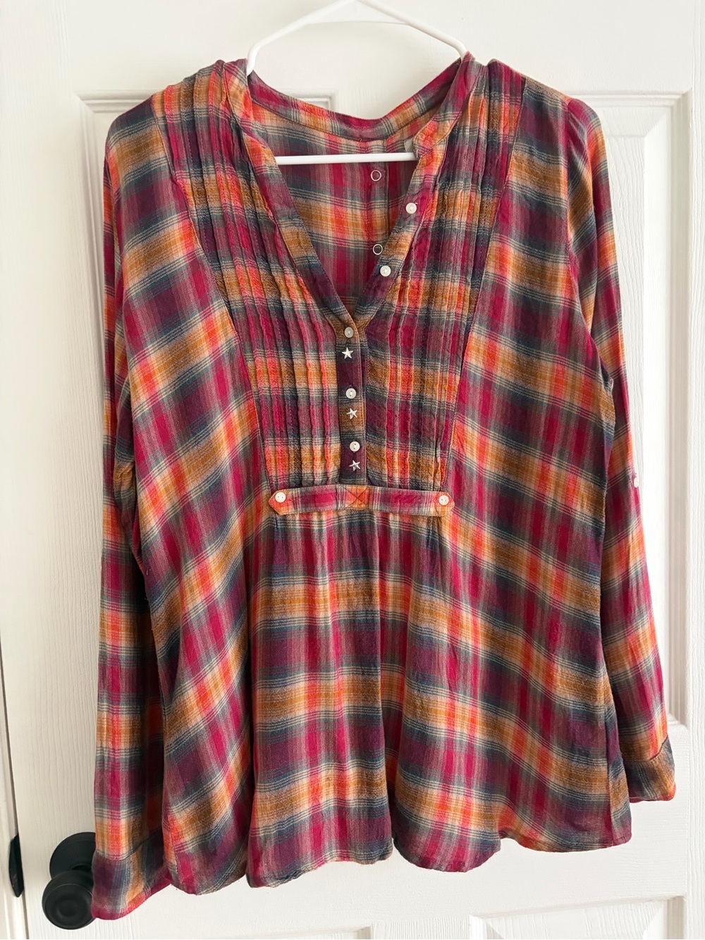 American Rag Plaid Tunic Top in Burgundy, Mustard and Gray